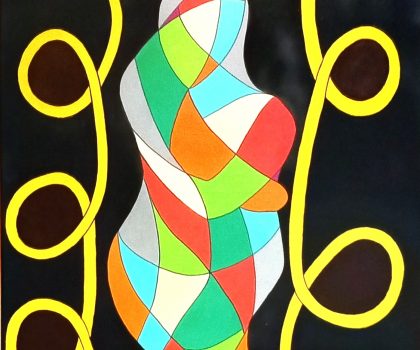 Scomposizione a colori su fondo nero con spirali gialle