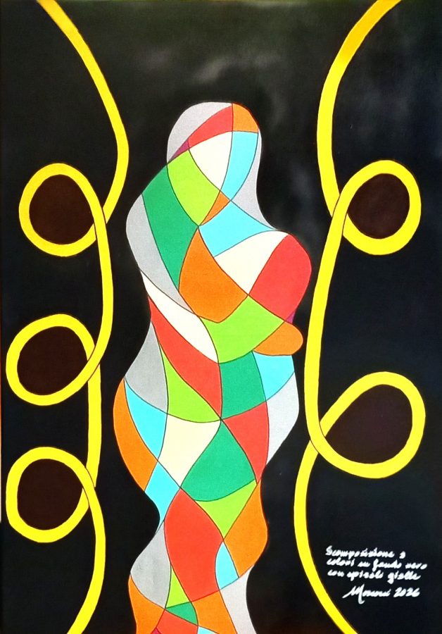 Scomposizione a colori su fondo nero con spirali gialle